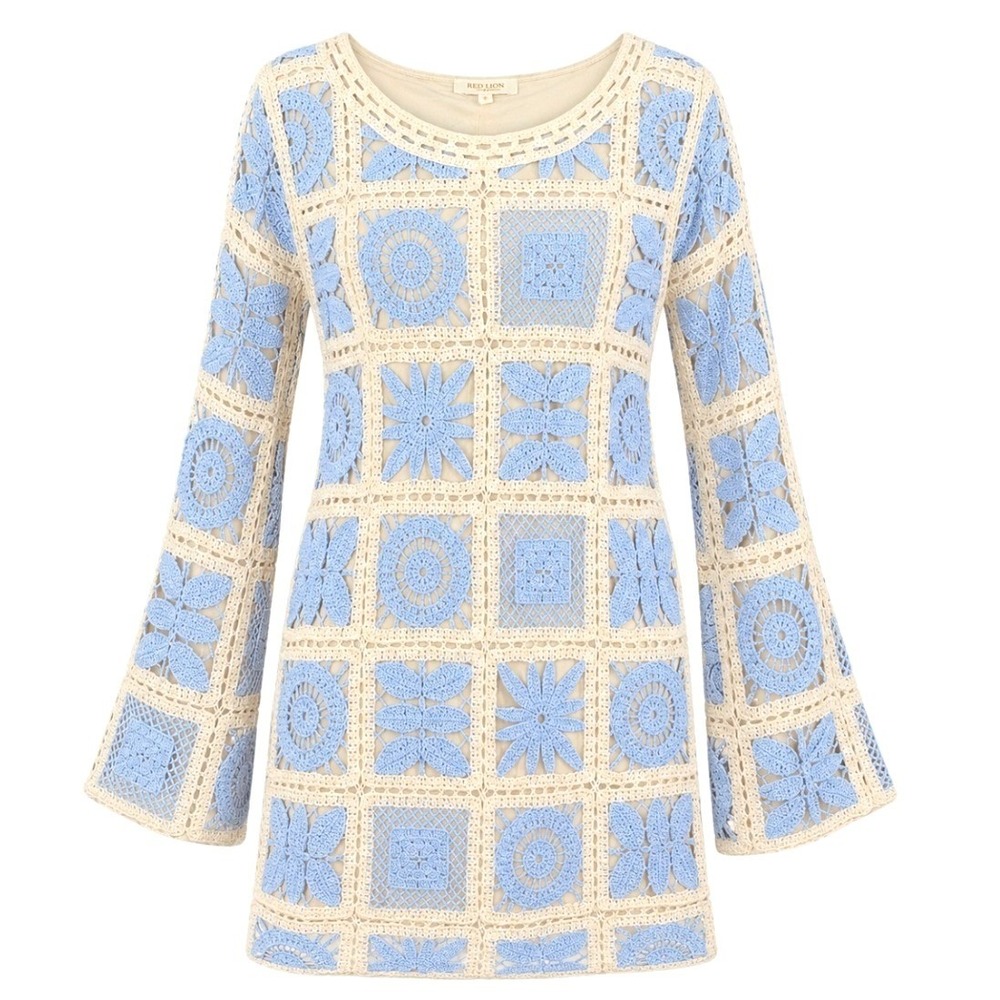 Rebellion Again Crochet Mini Dress Blue Cream L Boho Patchwork Hippie Festival